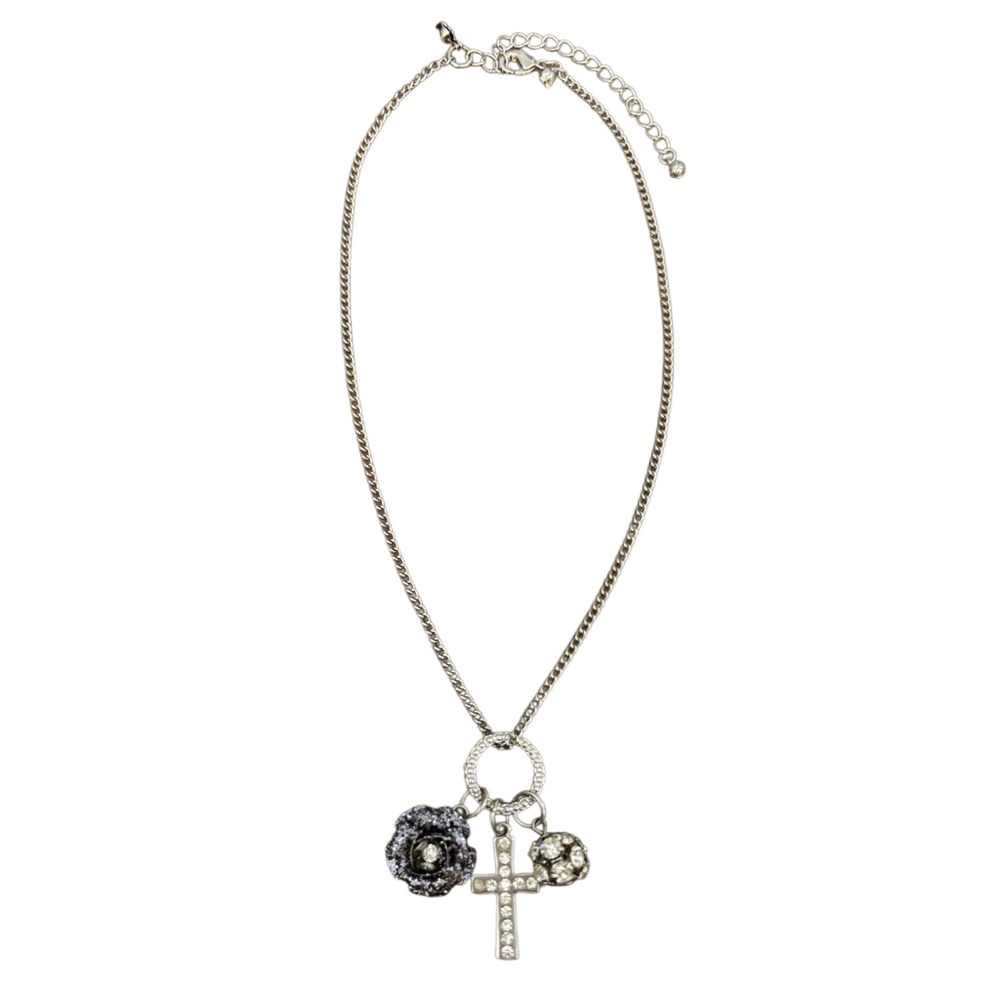 Vintage Cross Necklace Enamel Flower Beaded Ball Crystal Charms Silver Chain - Picture 8 of 12